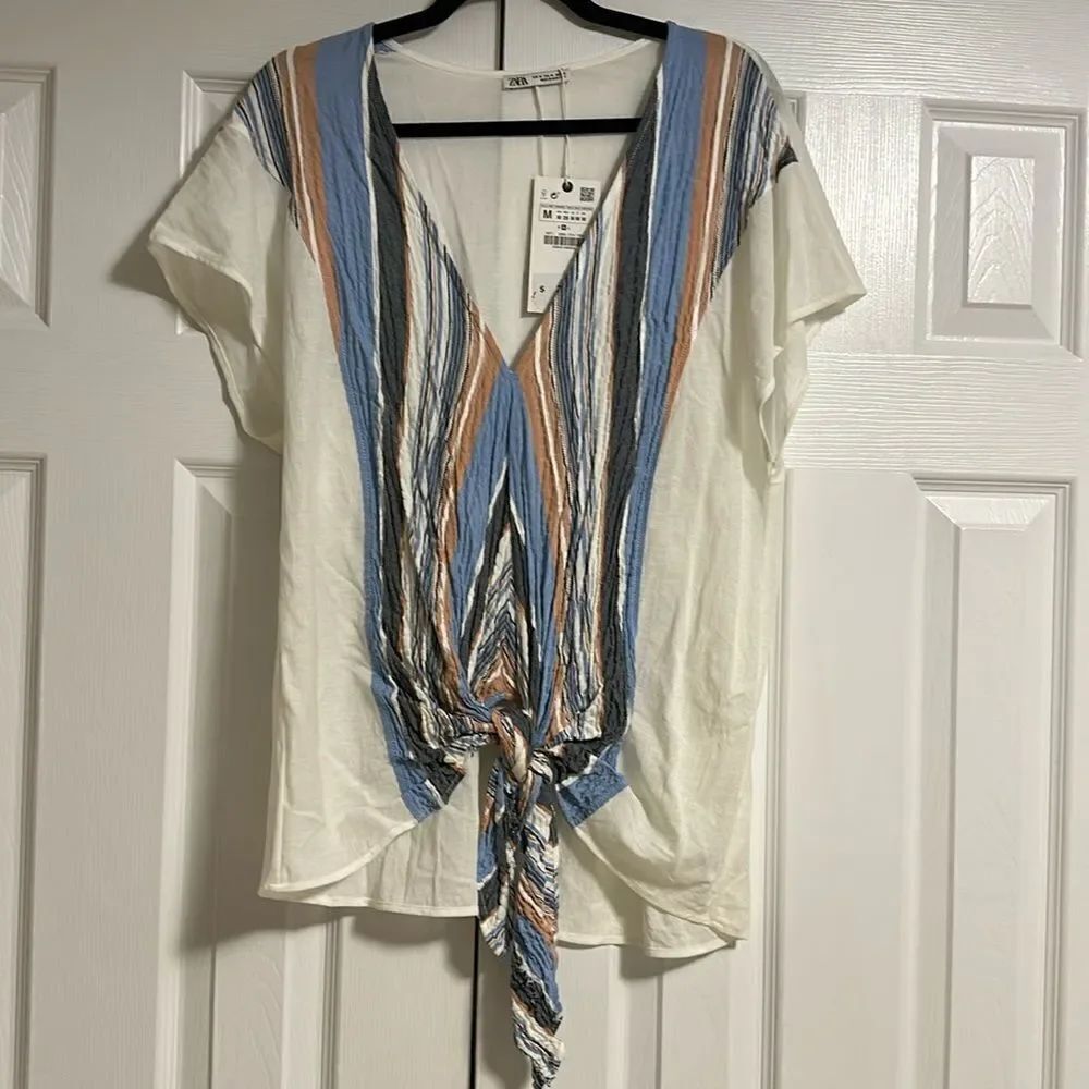 Zara Women’s Short-sleeve V Neck Striped Front Tie Top